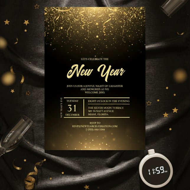 Black Gold Sparkle New Year Party Invitation Inbjudningar (Black Gold Sparkle New Year Party Invitation)