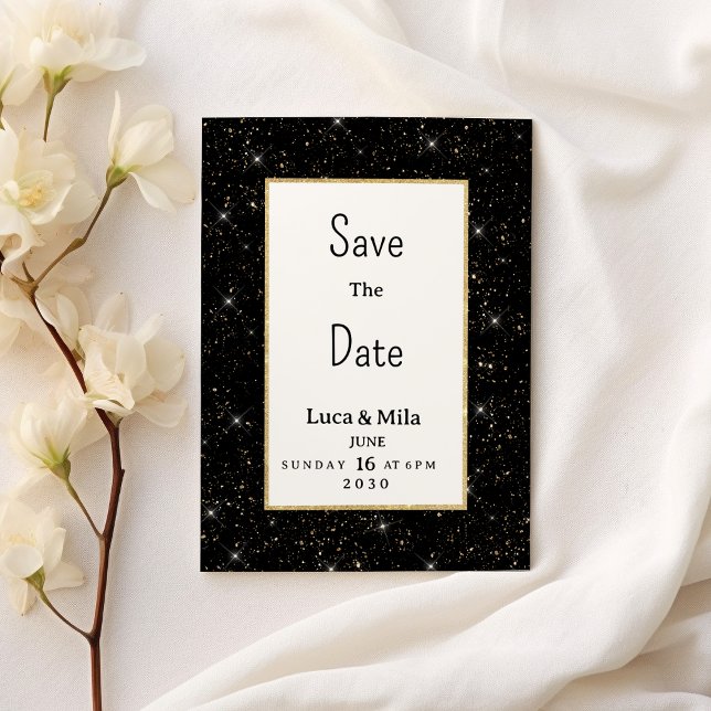 Black gold sparkly glitter confetti Save the Date Inbjudningar (Black gold sparkly glitter confetti Save the Date)