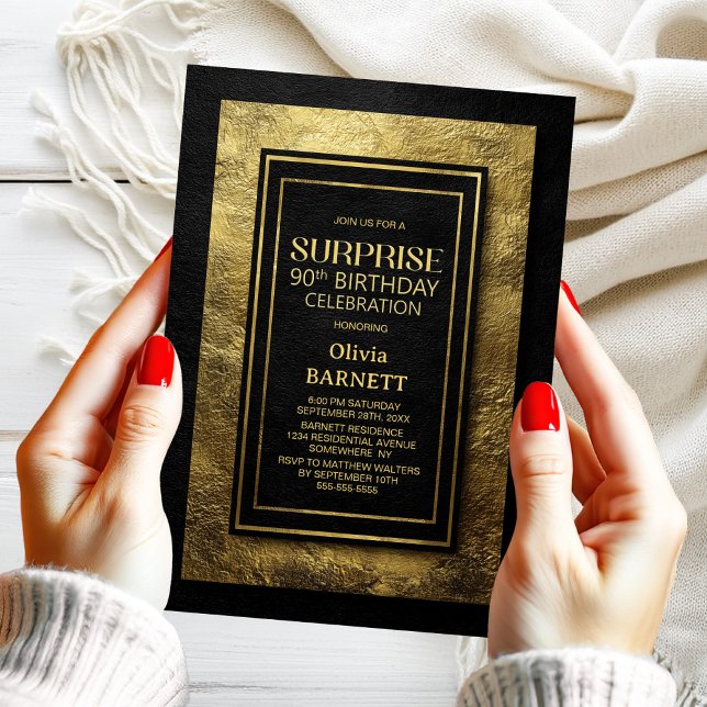 Black Gold Surprise 90th Birthday Party Inbjudningar (Skapare uppladdad)