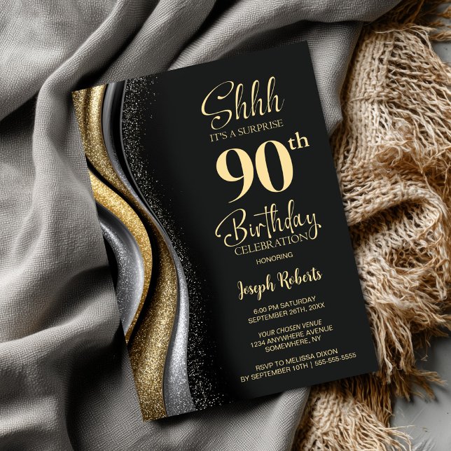 Black Gold Surprise 90th Birthday Party Inbjudningar (Skapare uppladdad)