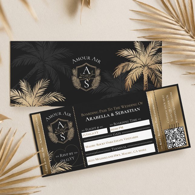 Black Gold Tropical Boarding Plane Ticket Wedding Inbjudningar (Black Gold Tropical Boarding Plane Ticket Wedding Invitation)