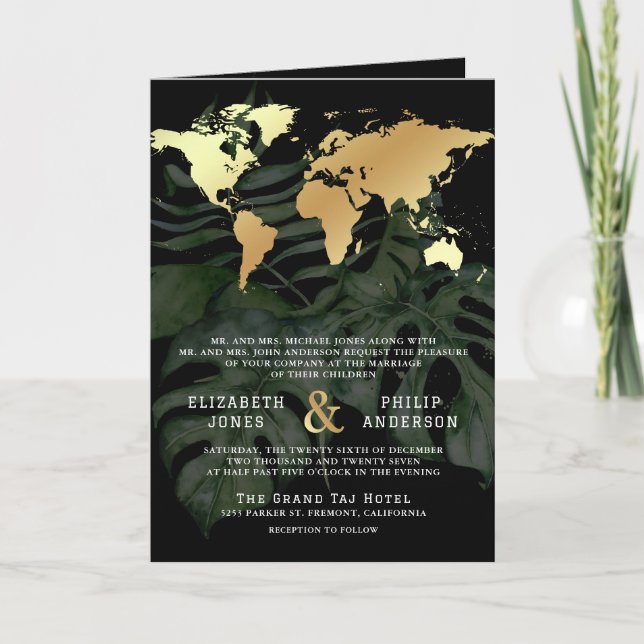 Black Gold Tropical Destination World Map Wedding Inbjudan (Framsida)