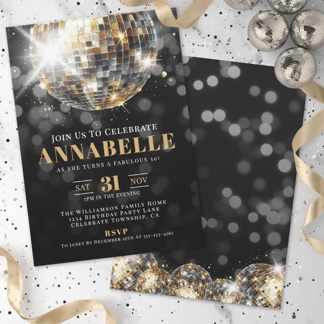 Black Gold Vuxen 50-årsfest Inbjudningar (Black Gold Adult 50th Birthday Party Invitation)
