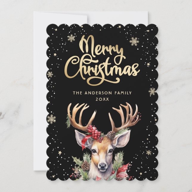 Black Gold Watercolor Reindeer Snow Christmas Card Julkort (Framsida)