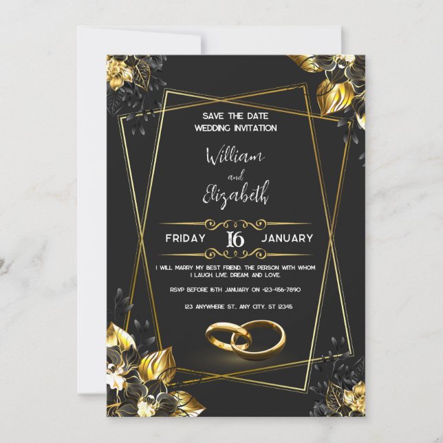 Black & Gold Wedding Invitation Card Inbjudningar (Framsida)