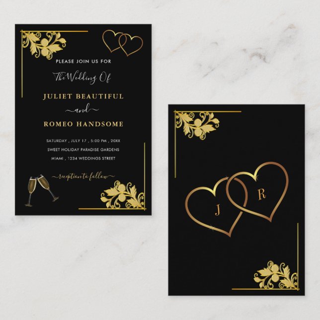 Black Gold Wedding Invitation Example with Hearts Anteckningskort (Fram/baksida)