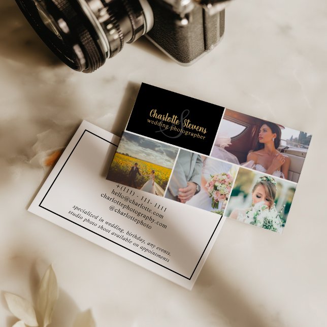 Black gold wedding photographer collage visitkort (Black gold wedding photographer collage business card)