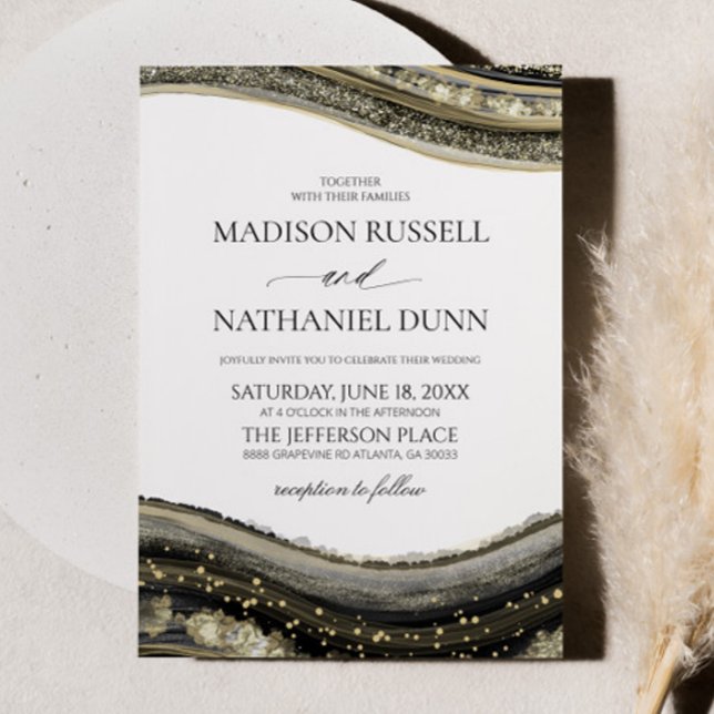 Black Gold White Agate Elegant Wedding Inbjudningar (Skapare uppladdad)