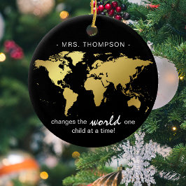 Black & Gold World Map Teachers Appreciation Julgransprydnad Keramik