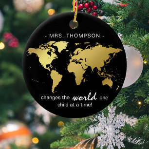 Black & Gold World Map Teachers Appreciation Julgransprydnad Keramik