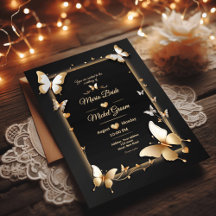 Black Golden Butterflies bröllop-kort