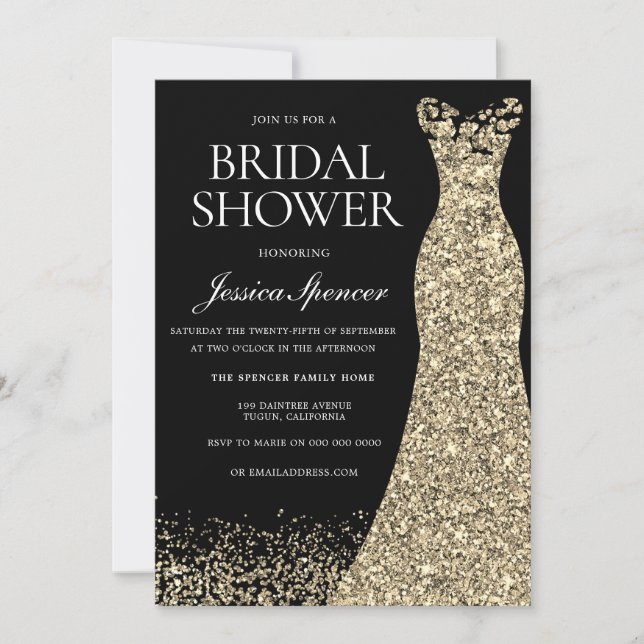 Black Golden Dress Gown Möhippa Inbjudningar (Framsida)