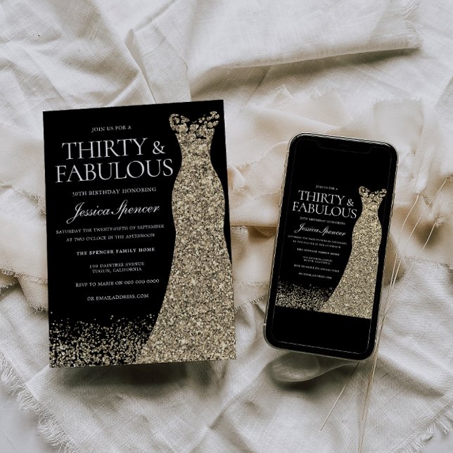 Black Golden Dress Womans 30års födelsedag Party Inbjudningar (Skapare uppladdad)