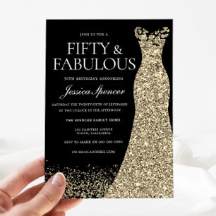 Black Golden Dress Womans 50:e Födelsedagsfesten Inbjudningar
