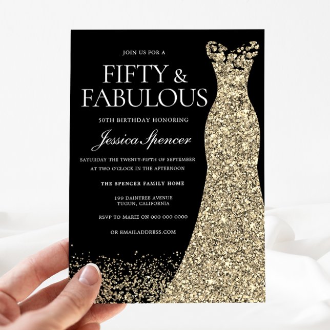 Black Golden Dress Womans 50:e Födelsedagsfesten Inbjudningar (Skapare uppladdad)