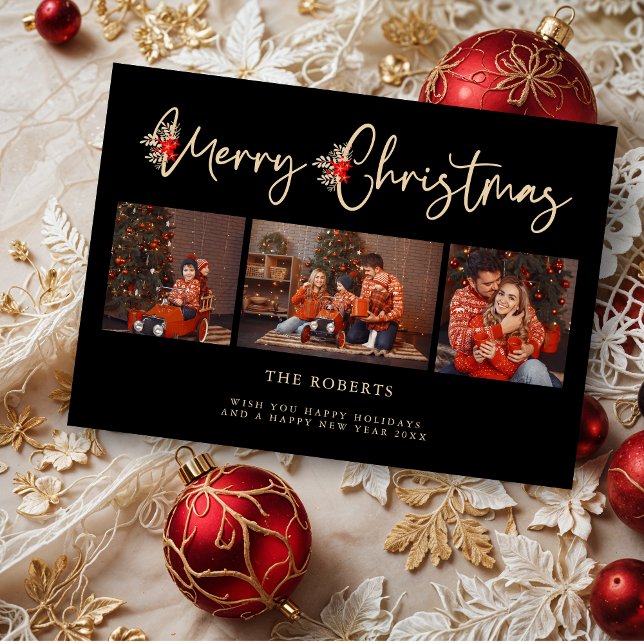 Black Golden Effect God jul Poinsettias (Black Golden Effect Merry Christmas Poinsettias Branches 3 Photos Collage Holidays Cards.)