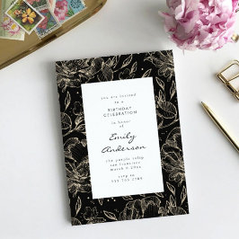 Black Golden Hand plockade Blommigt Birthday-inbju Inbjudningar