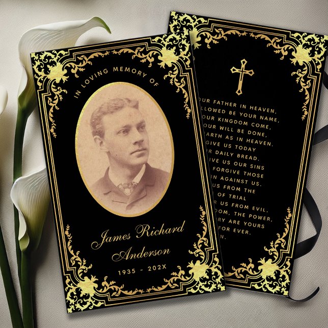 Black Golden Script Funorial Memorial Prayer Card Visitkort (Skapare uppladdad)