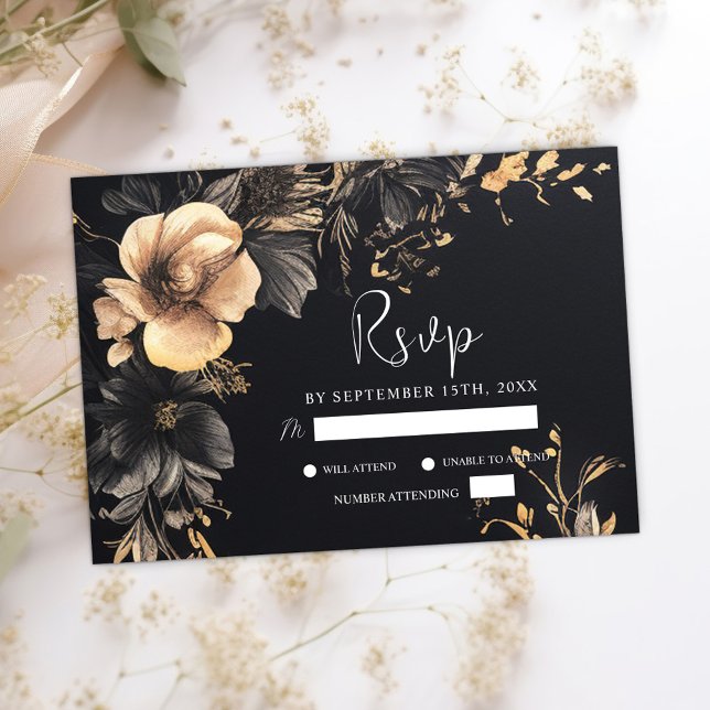 Black Gotham Blommigt Moody Mörk Bröllop OSA Kort (Black Gothic Floral Moody Dark Wedding RSVP Card)