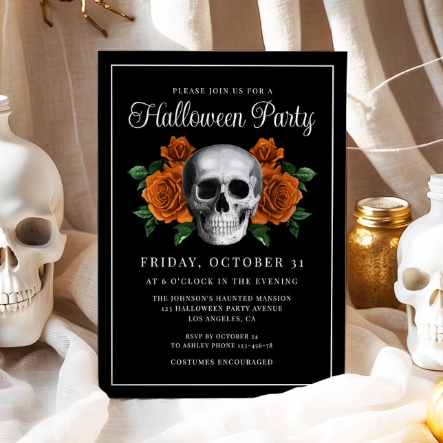 Black Gothic Blommigt Skull Halloween-inbjudan Inbjudningar (Black Gothic Floral Skull Halloween Invitation)