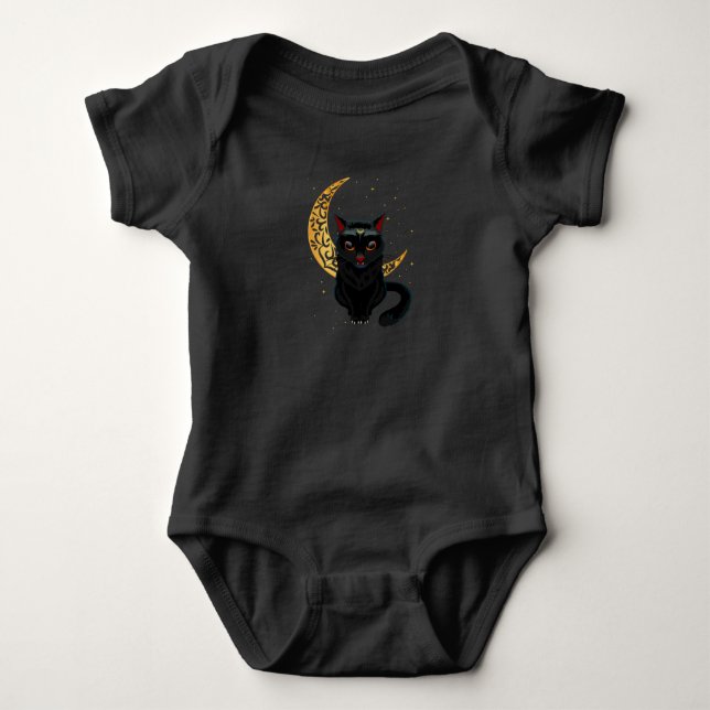 Black Gothic Cat Crescent Wicca Goth Kitten T Shirt (Framsida)