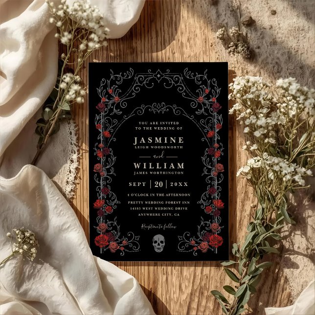 Black Gothic Gate Romance Elegant QR Code Wedding Inbjudningar (Skapare uppladdad)