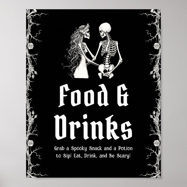 Black Gothic Halloween Skeleton Food & Drinks Sign Poster (Framsidan)