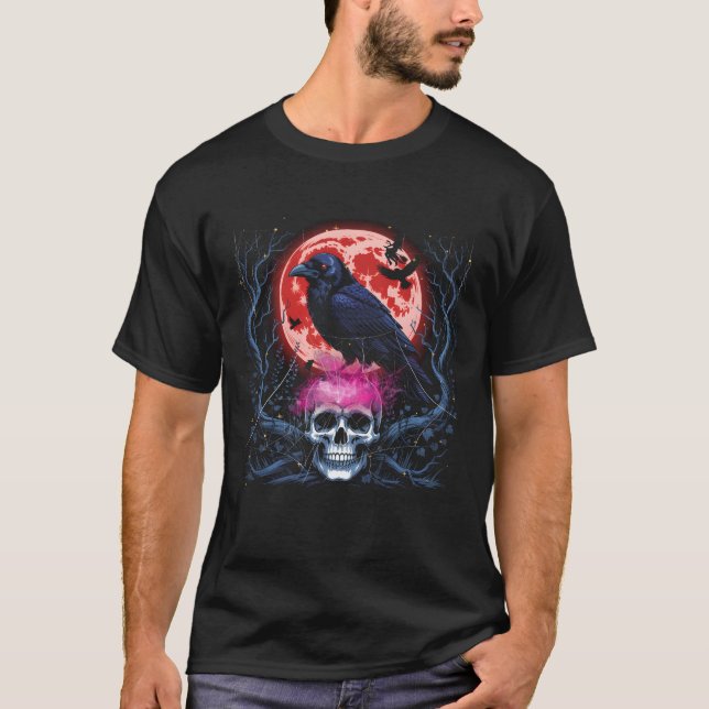 Black Gothic Raven Skull Red Måne Horror Kråka Hal T Shirt (Framsida)
