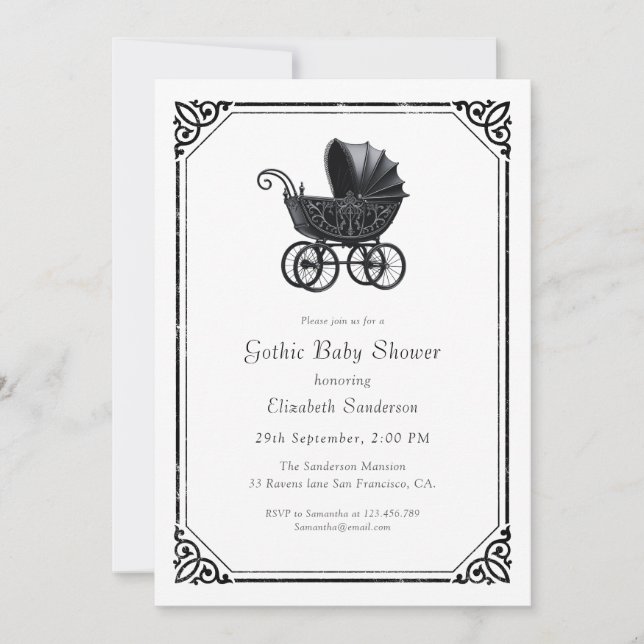 Black Gothic Stroller Baby Shower Invitation Inbjudningar (Framsida)