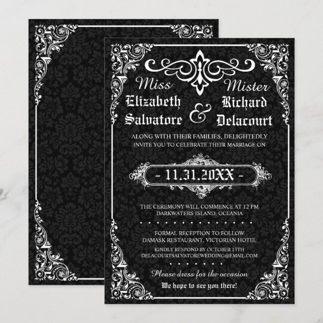 Black Gothic Victorian Damask Wedding Inbjudan (Fram/baksida)