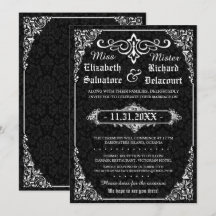 Black Gothic Victorian Damask Wedding Inbjudan