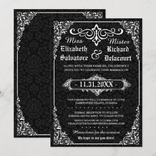 Black Gothic Victorian Damask Wedding Inbjudan