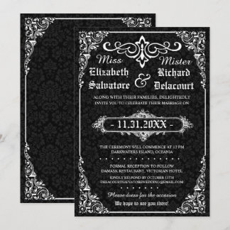 Black Gothic Victorian Damask Wedding Inbjudan