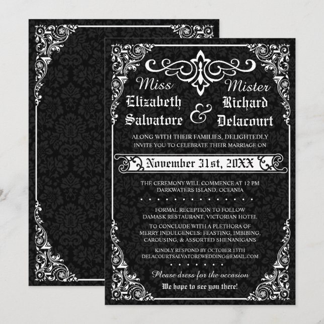 Black Gothic Victorian Damask Wedding-inbjudningar Inbjudningar (Fram/baksida)