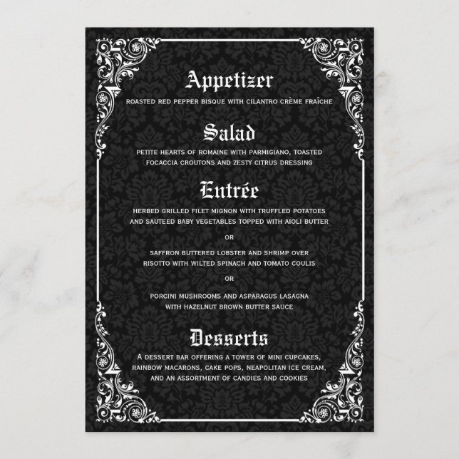 Black Gothic Victorian Damask Wedding Menus Meny (Framsida)