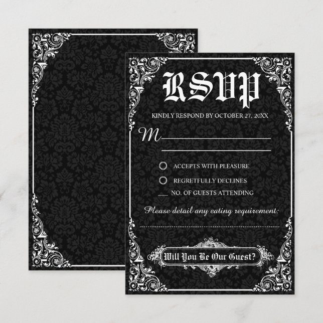 Black Gothic Victorian Damask Wedding OSA kort (Fram/baksida)