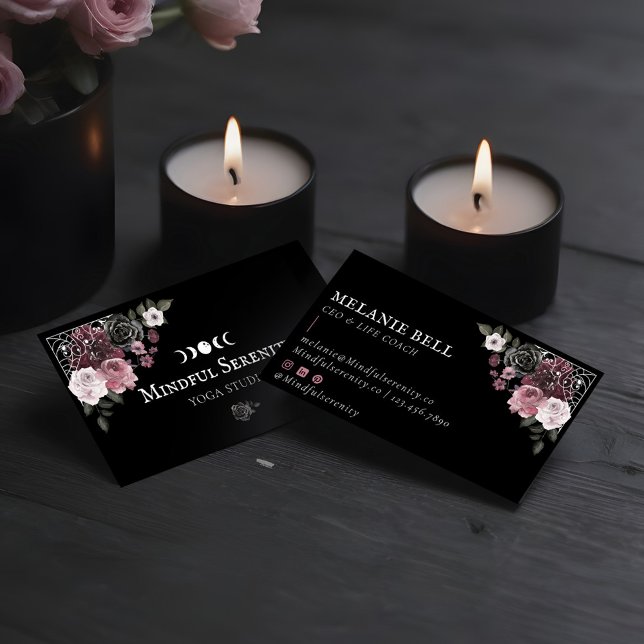 Black Gothic Watercolor Blommigt Holistic Hälsa Visitkort (Black Gothic Watercolor Floral Holistic Wellness Business Card)