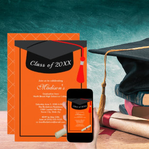 Black Grad Cap Diploma Orange Studentfest Inbjudningar