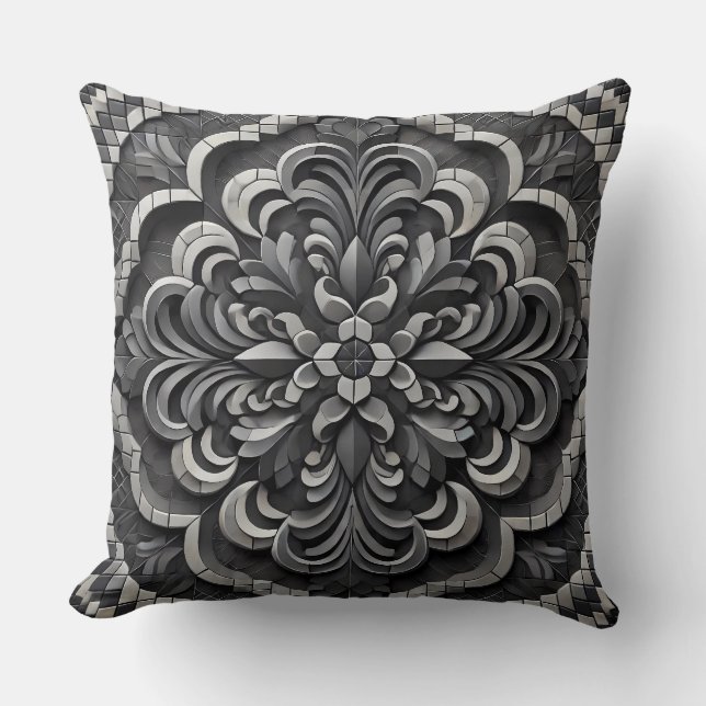 Black Gradient Mandala: Deep Mosaic Art Kudde (Framsida)