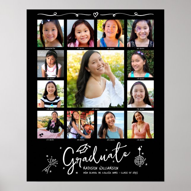 Black Graduation K–12 Photo Collage White Doodles Poster (Framsidan)