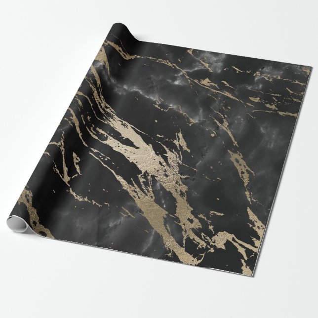 Black Graphite Deluxe Guld Marble Shiny Glam Presentpapper (Utrullad)