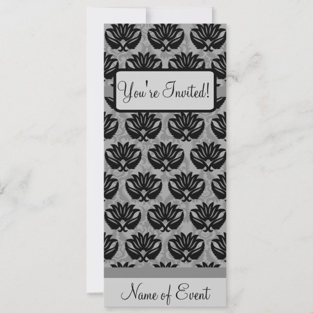 Black Grått Art nouveau Damask Grattis på födelsed Inbjudningar (Framsida)
