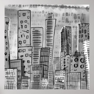 Black Grått City Doodle Poster
