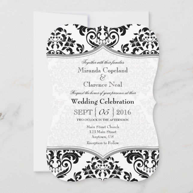 Black Grått Damask Bracket Wedding bjudande Inbjudningar (Framsida)