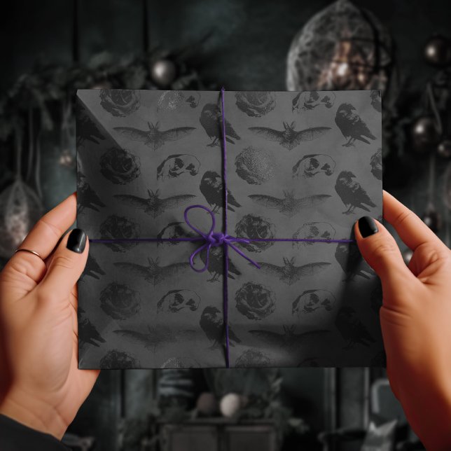 Black Grått Gothic Kråka & Fladdermus Creepy Skull Presentpapper (Skapare uppladdad)