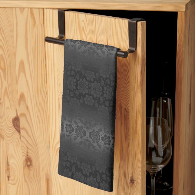 Black Grått Grått Silver Flowers Blommigt Elegant Kökshandduk (Thirds Fold)