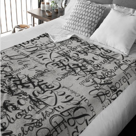 Black Grått Handskriftlig Typsnitt Namn Mönster Fleecefilt