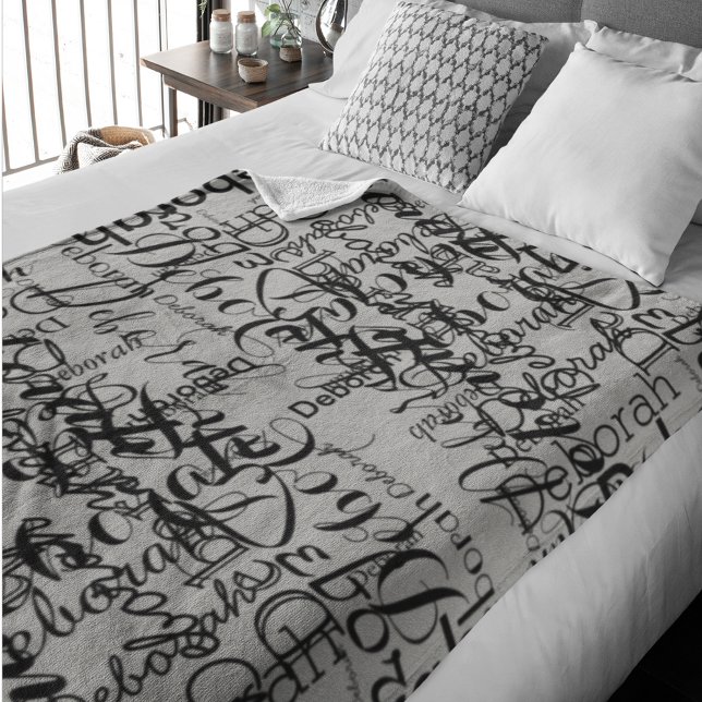 Black Grått Handskriftlig Typsnitt Namn Mönster Fleecefilt (enjoy winter)