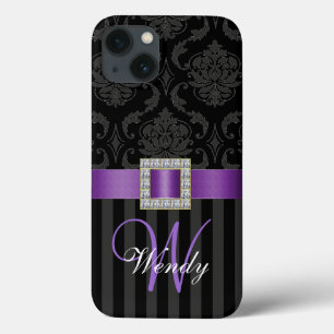 Black Grått Lila Damask Rand Mönster