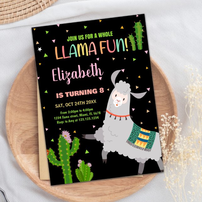 Black Grått Llama Roligt Llama Birthday-inbjudning Inbjudningar (Black Gray Llama Fun Llama Birthday Invitations)